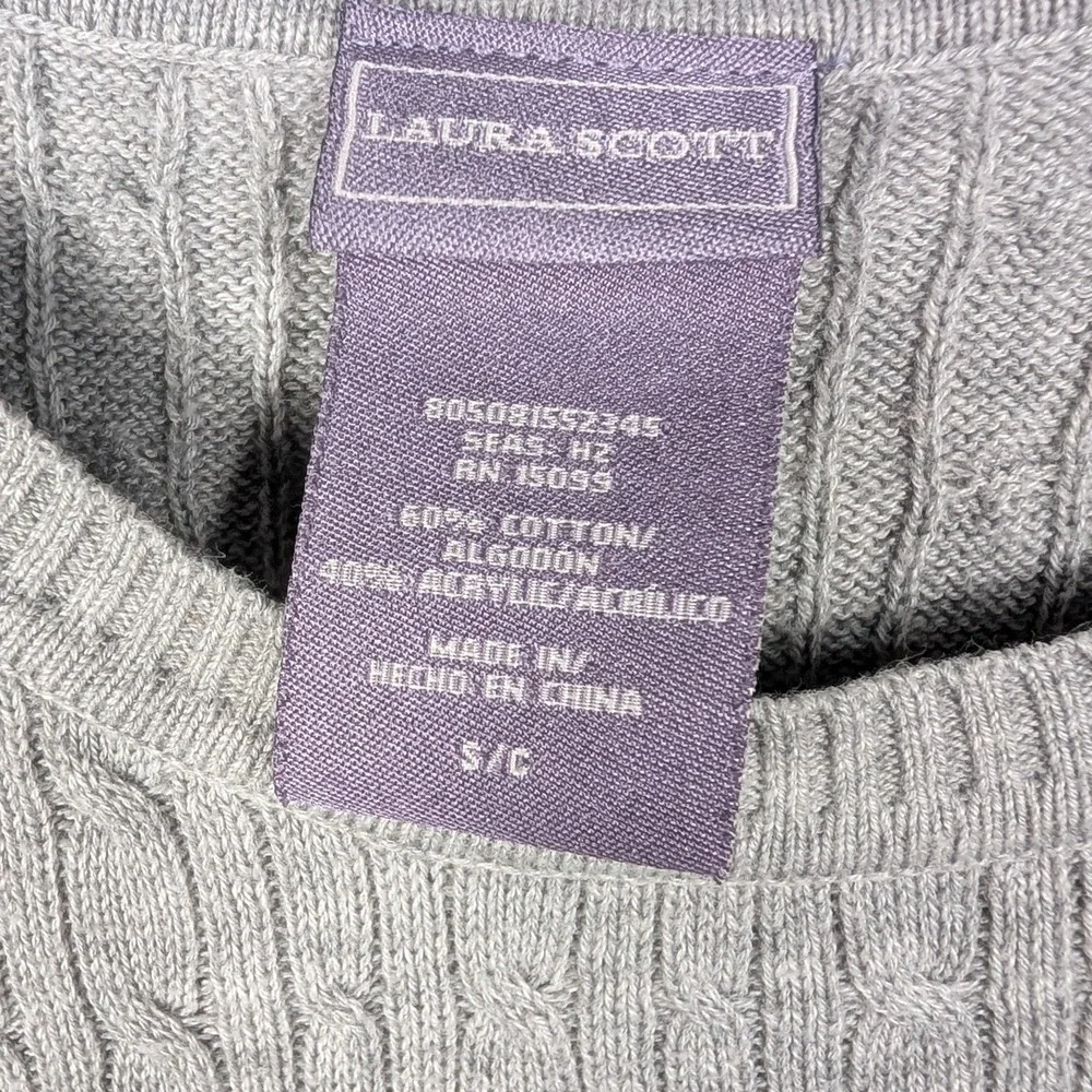 Laura Scott Sweater Women Small Gray Cable Knit Crew Neck Pullover Cotton Blend